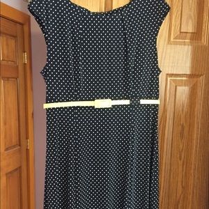 Blue and White Polka Dot Dress with Yellow Belt